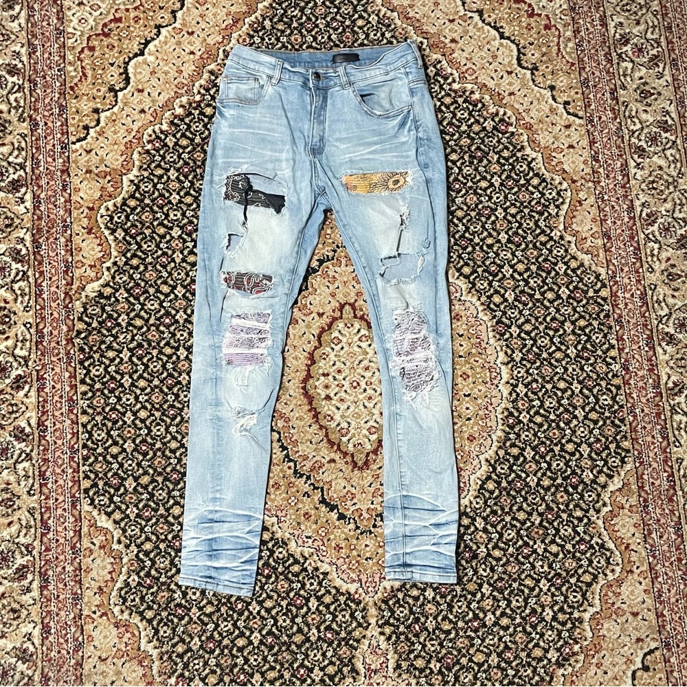 AMIRI Light Blue Distressed Skinny Jeans